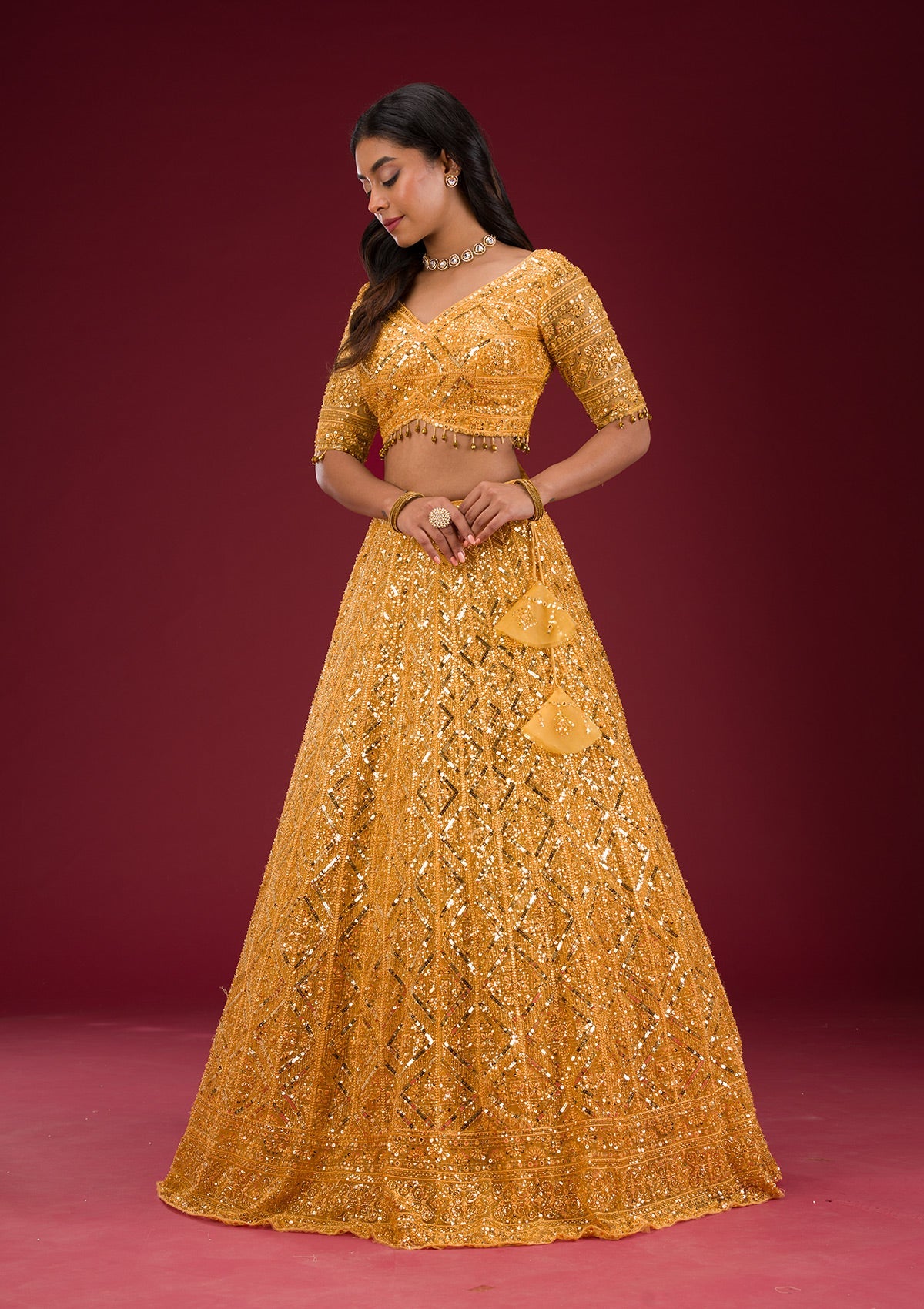 Yellow Sequins Net Readymade Lehenga-Koskii