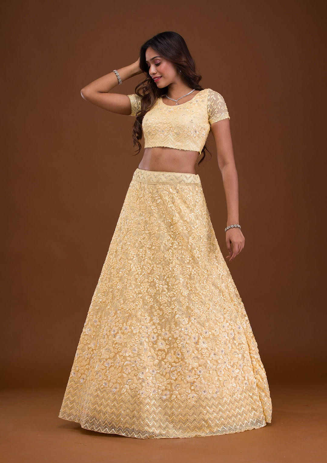 Yellow Sequins Net Readymade Lehenga-Koskii