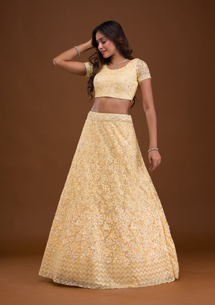 Yellow Sequins Net Readymade Lehenga-Koskii