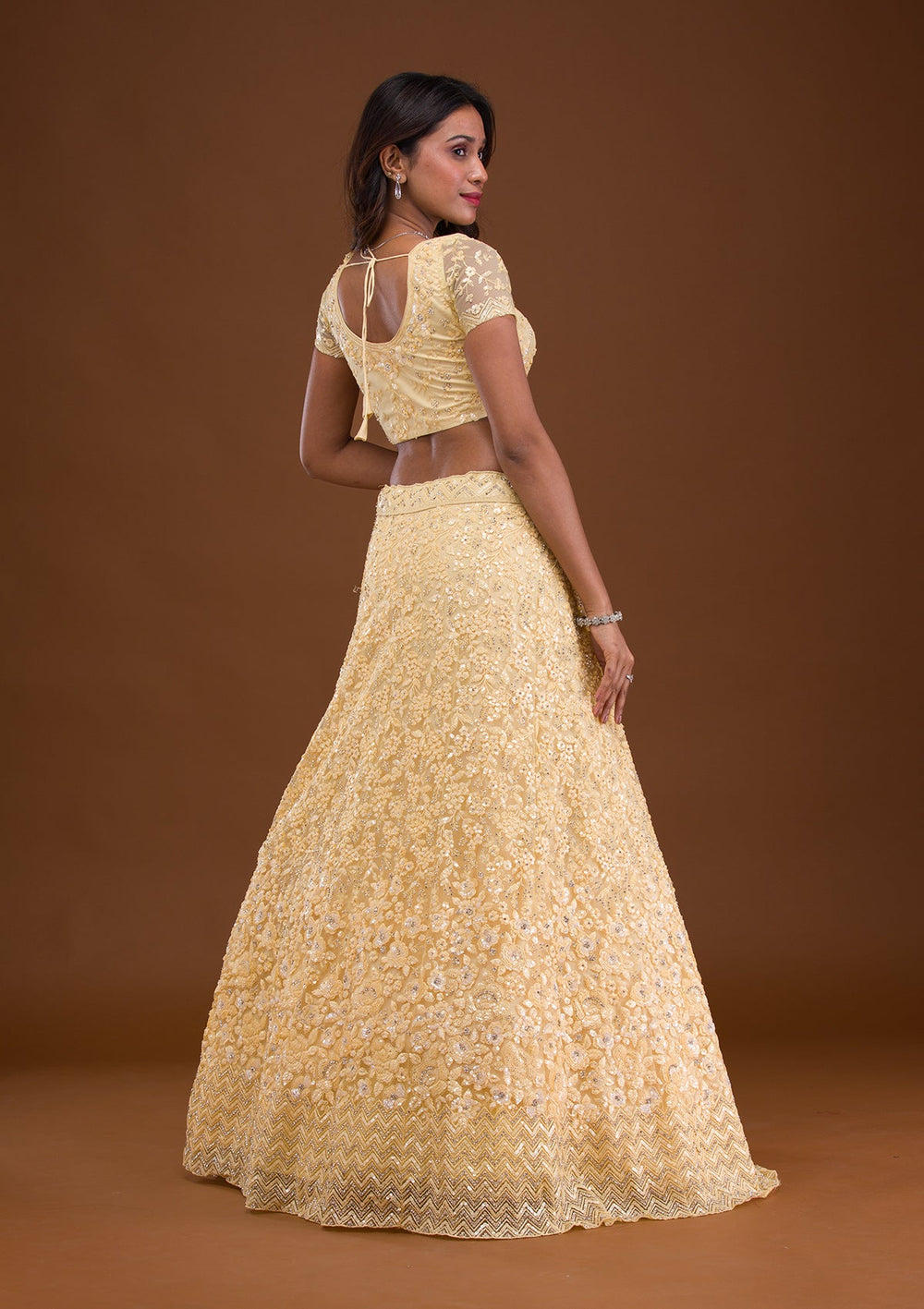 Yellow Sequins Net Readymade Lehenga-Koskii