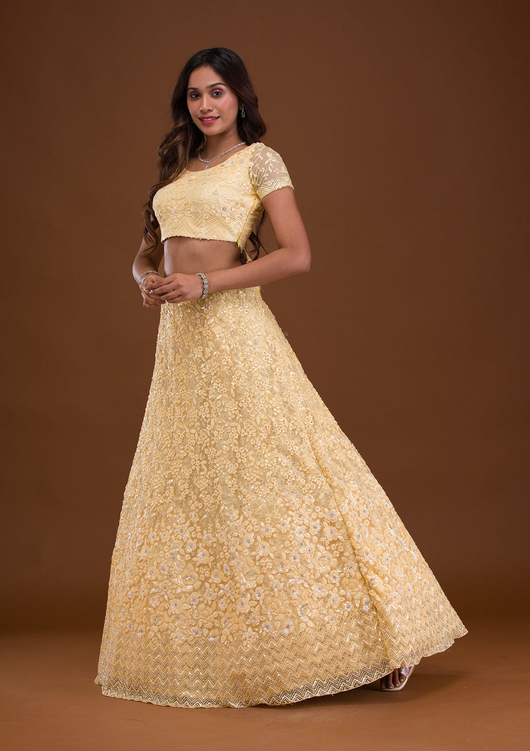 Yellow Sequins Net Readymade Lehenga-Koskii