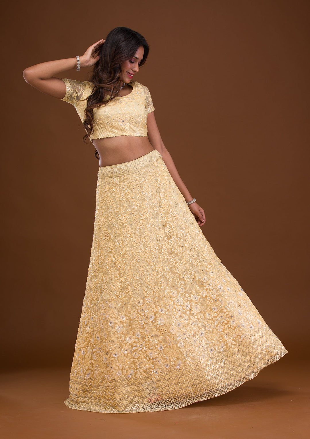 Yellow Sequins Net Readymade Lehenga-Koskii