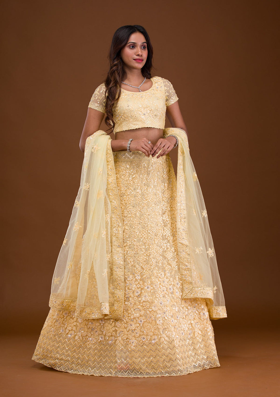 Yellow Sequins Net Readymade Lehenga-Koskii