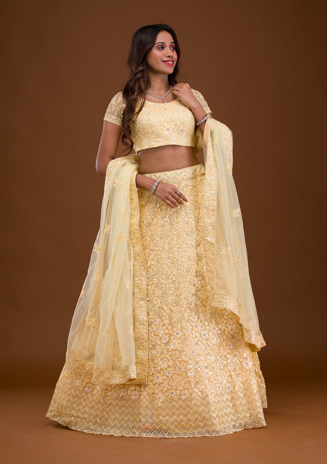 Yellow Sequins Net Readymade Lehenga-Koskii