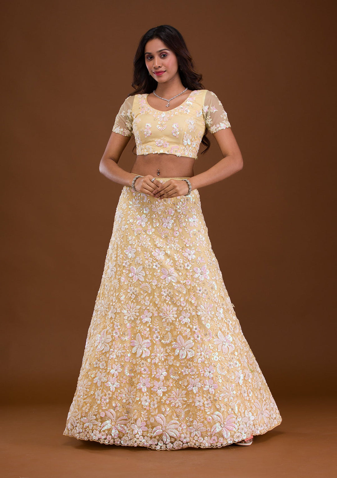Yellow Sequins Net Readymade Lehenga-Koskii