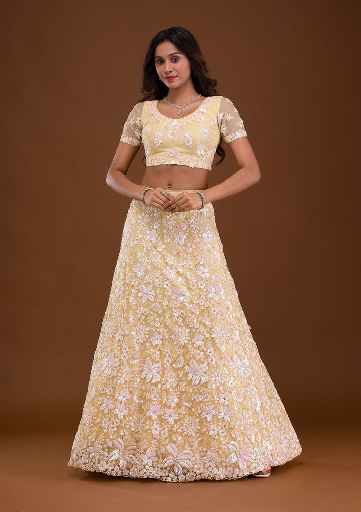 Yellow Sequins Net Readymade Lehenga-Koskii