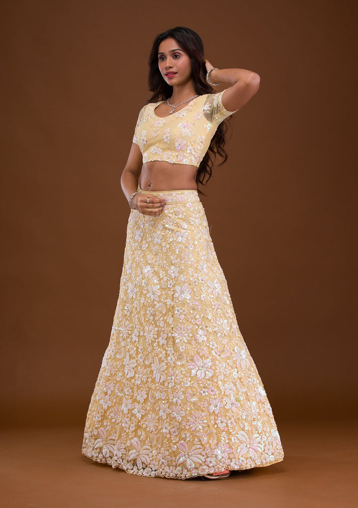 Yellow Sequins Net Readymade Lehenga-Koskii