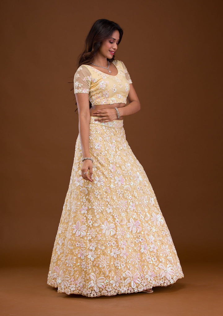 Yellow Sequins Net Readymade Lehenga-Koskii