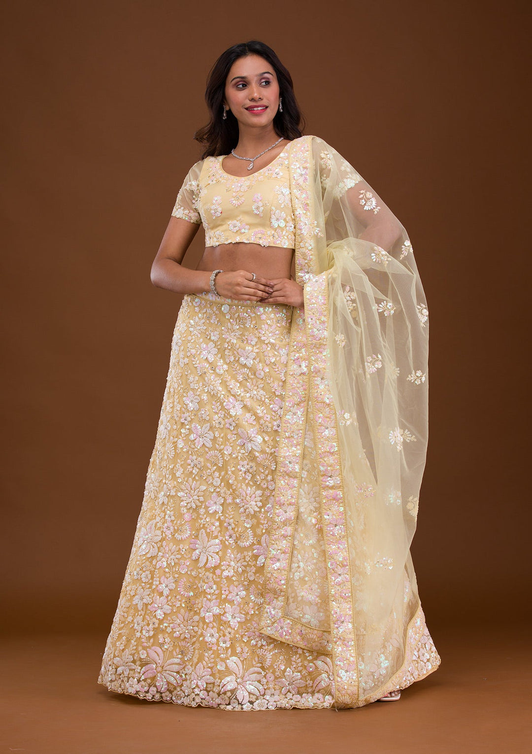 Yellow Sequins Net Readymade Lehenga-Koskii