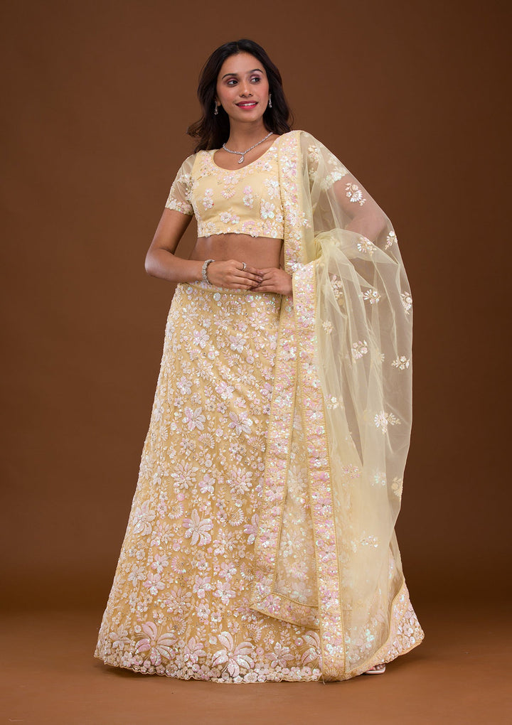 Yellow Sequins Net Readymade Lehenga-Koskii