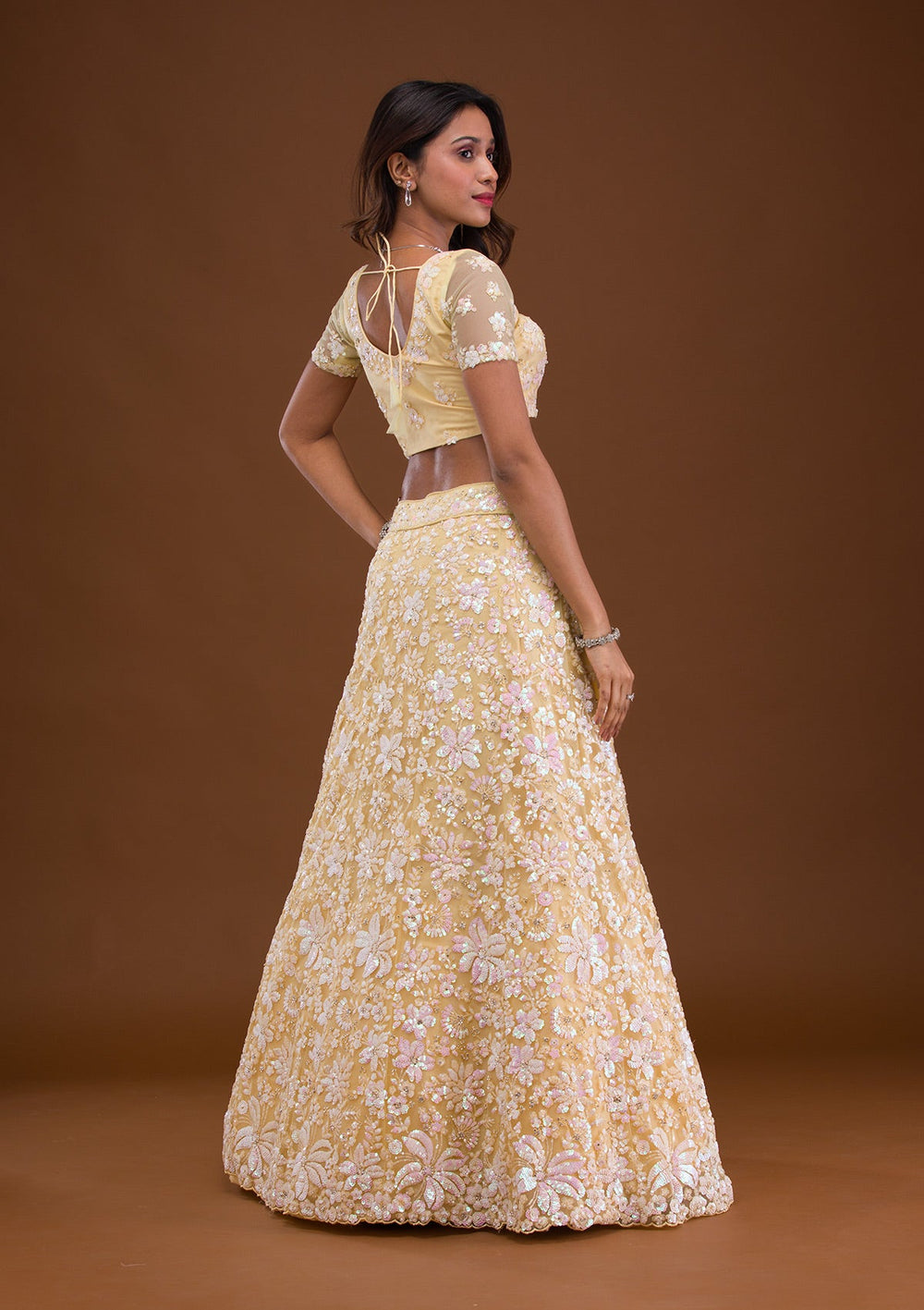 Yellow Sequins Net Readymade Lehenga-Koskii