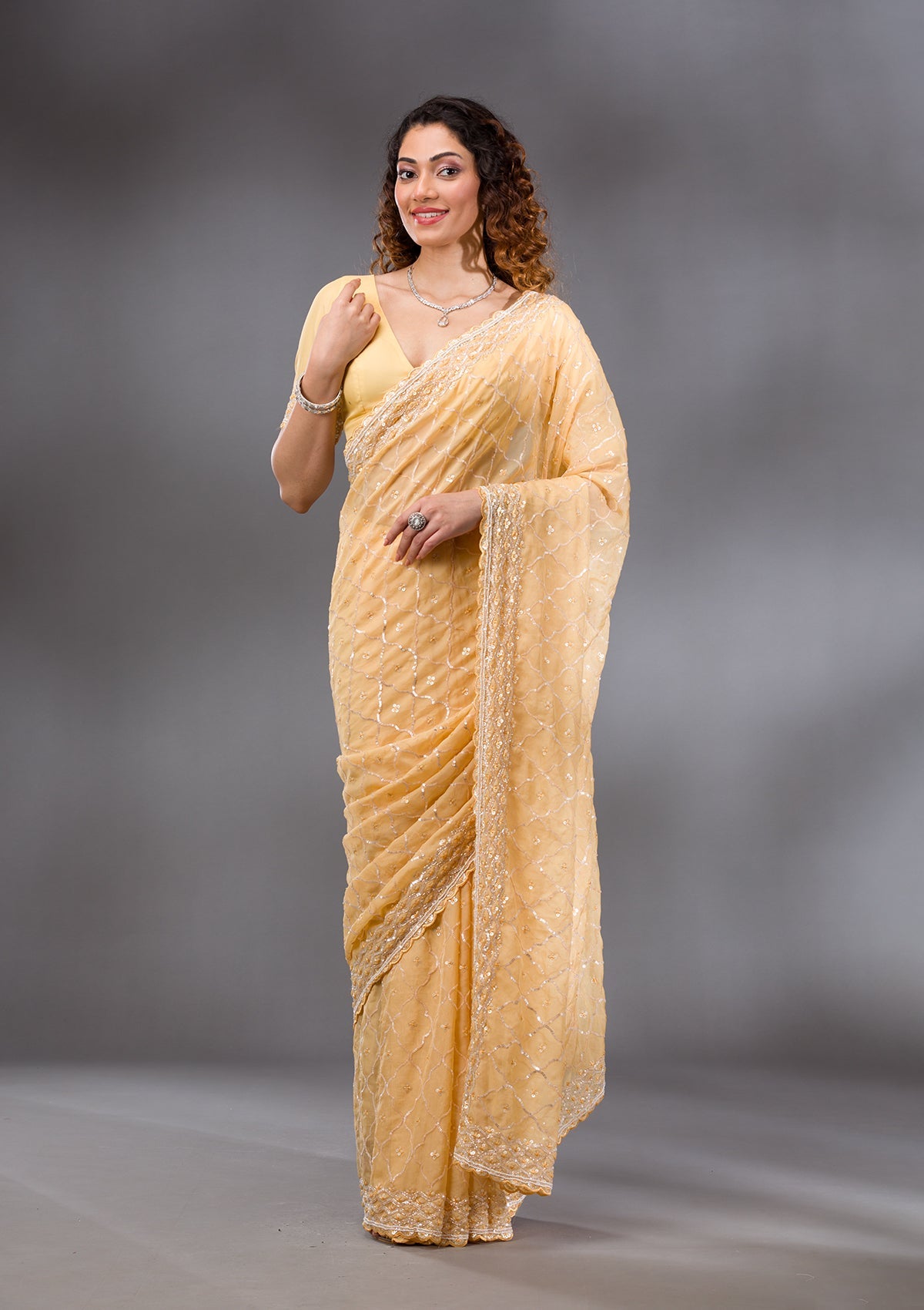 Yellow Sequins Tissue Saree-Koskii