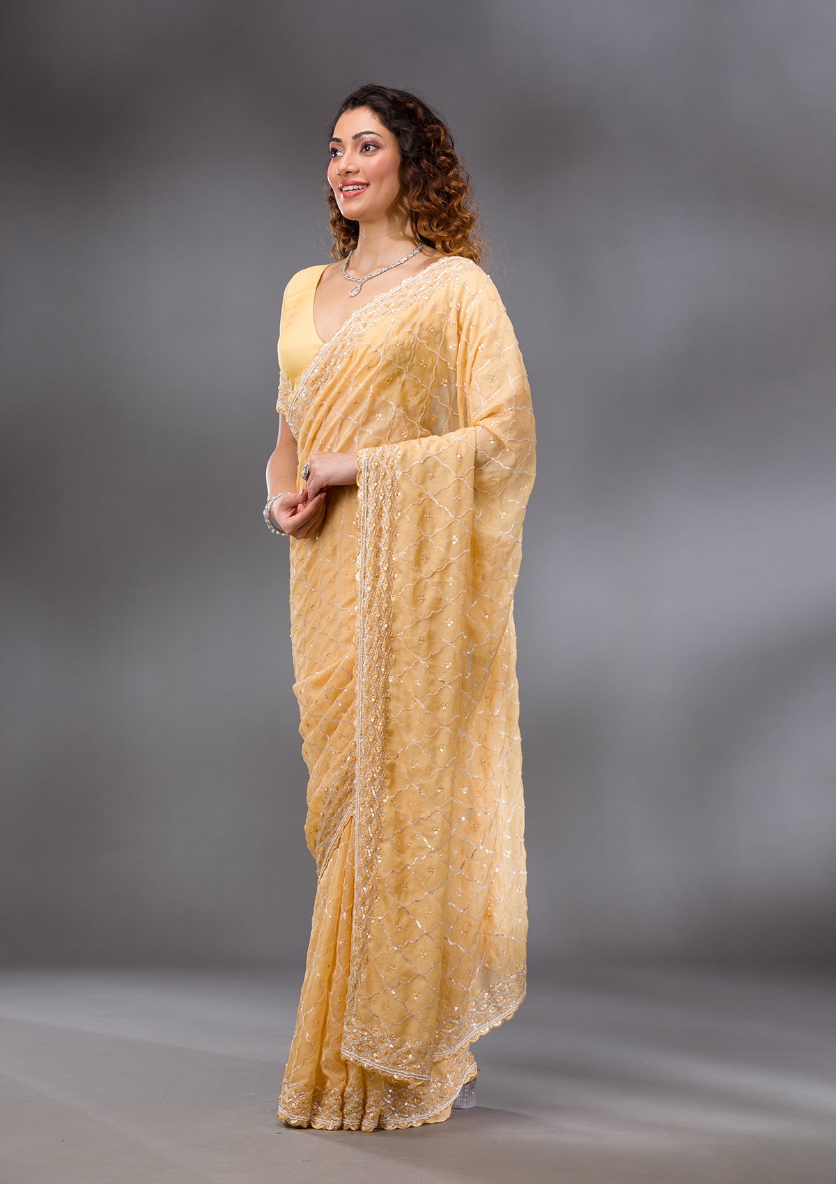 Yellow Sequins Tissue Saree-Koskii