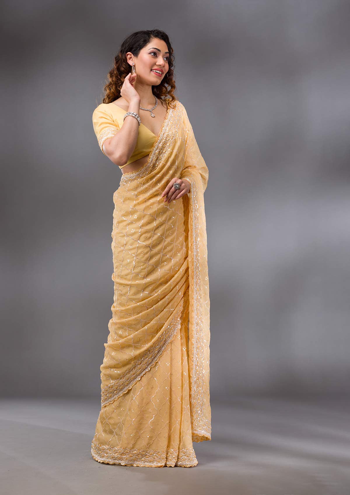 Yellow Sequins Tissue Saree-Koskii