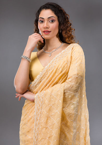 Yellow Sequins Tissue Saree-Koskii