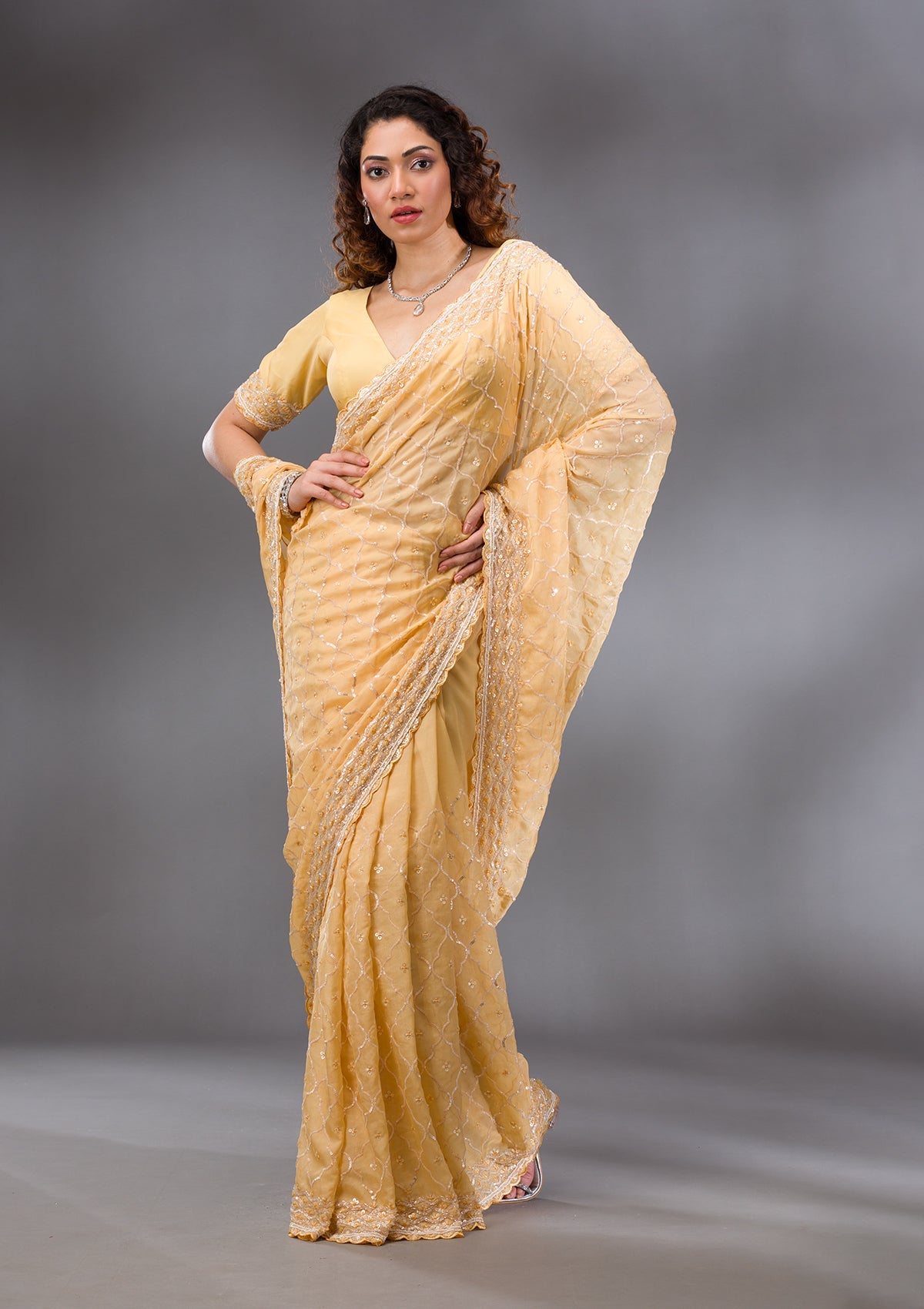 Yellow Sequins Tissue Saree-Koskii