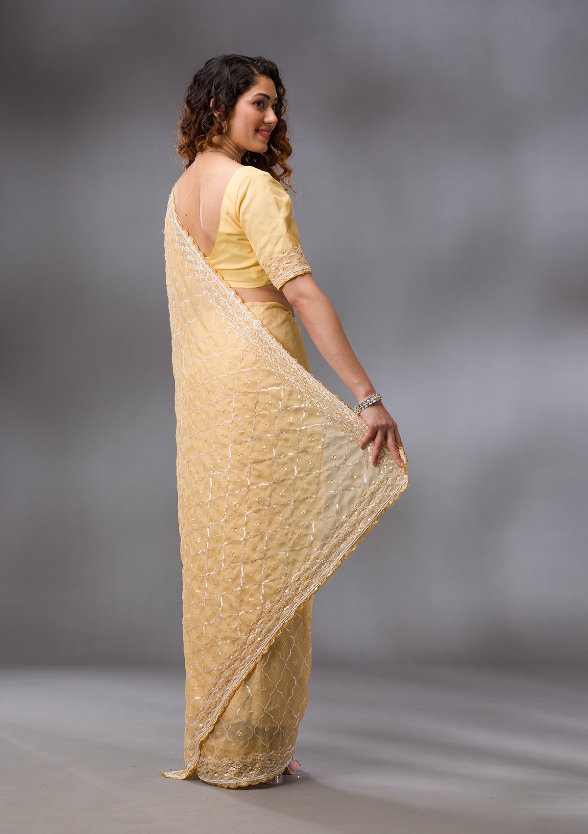 Yellow Sequins Tissue Saree-Koskii