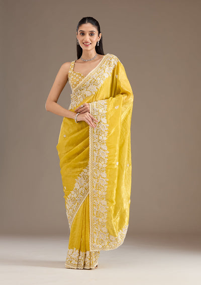 Yellow Sequins Tissue Saree-Koskii