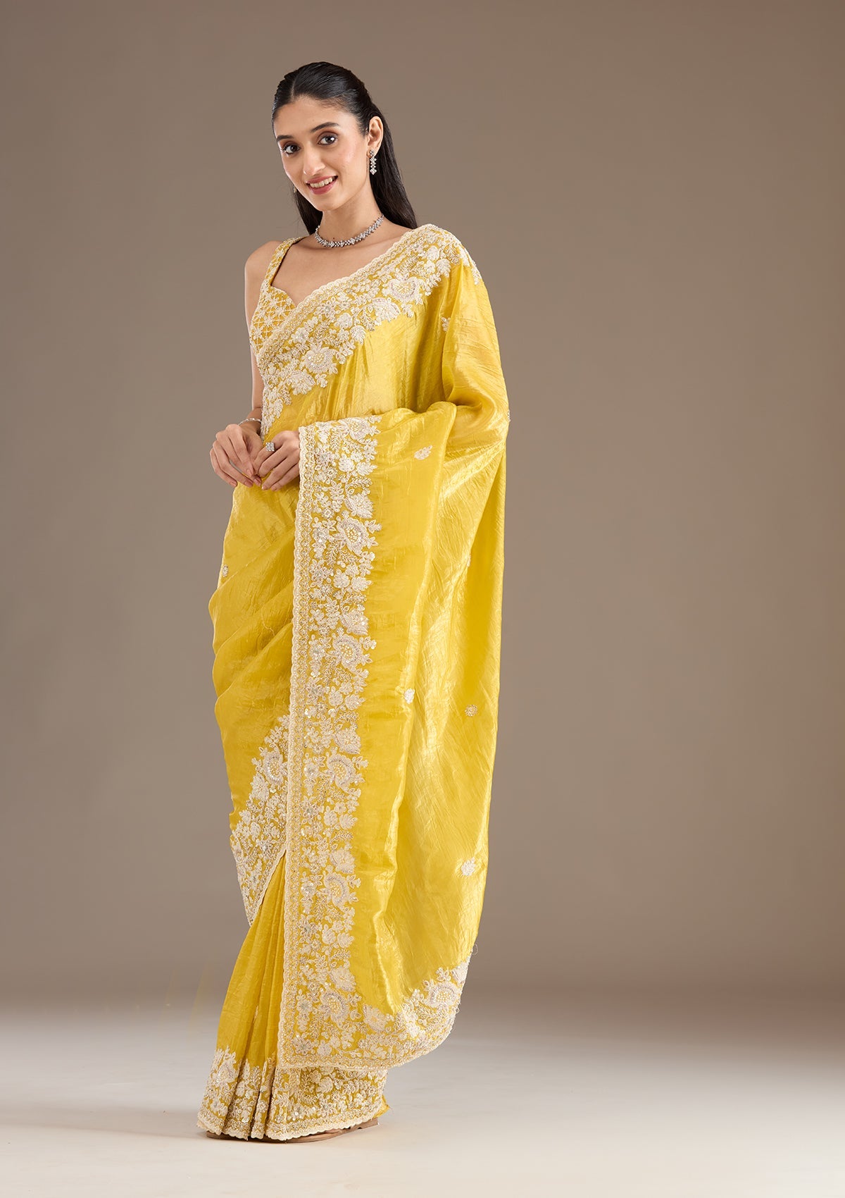 Yellow Sequins Tissue Saree-Koskii