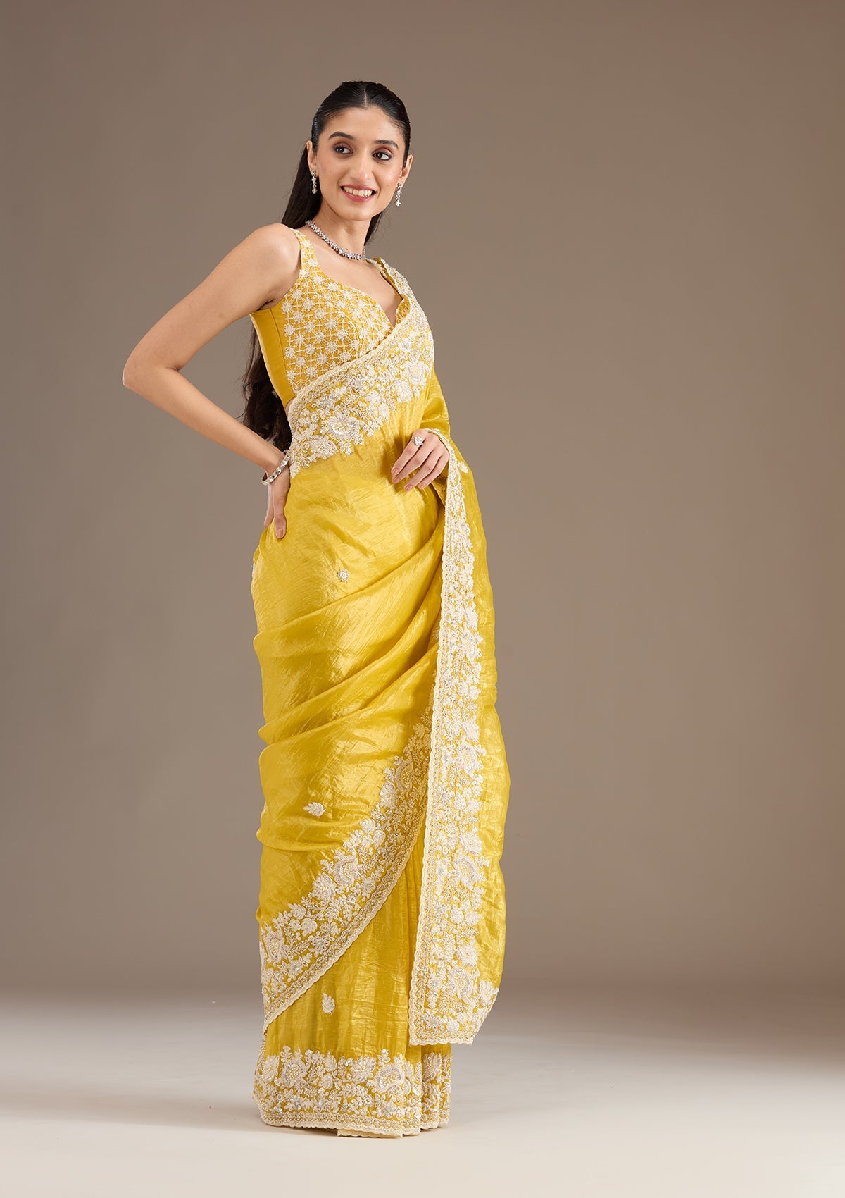 Yellow Sequins Tissue Saree-Koskii