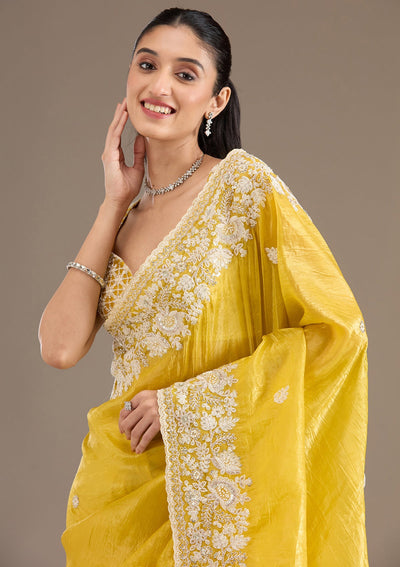 Yellow Sequins Tissue Saree-Koskii