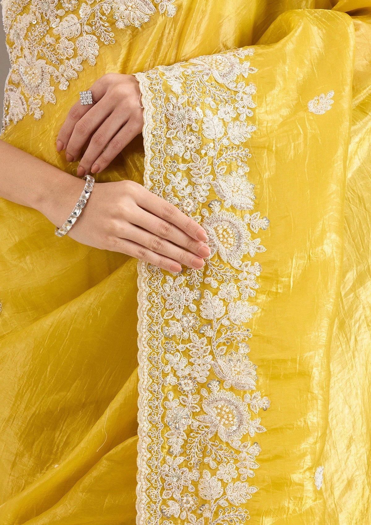 Yellow Sequins Tissue Saree-Koskii