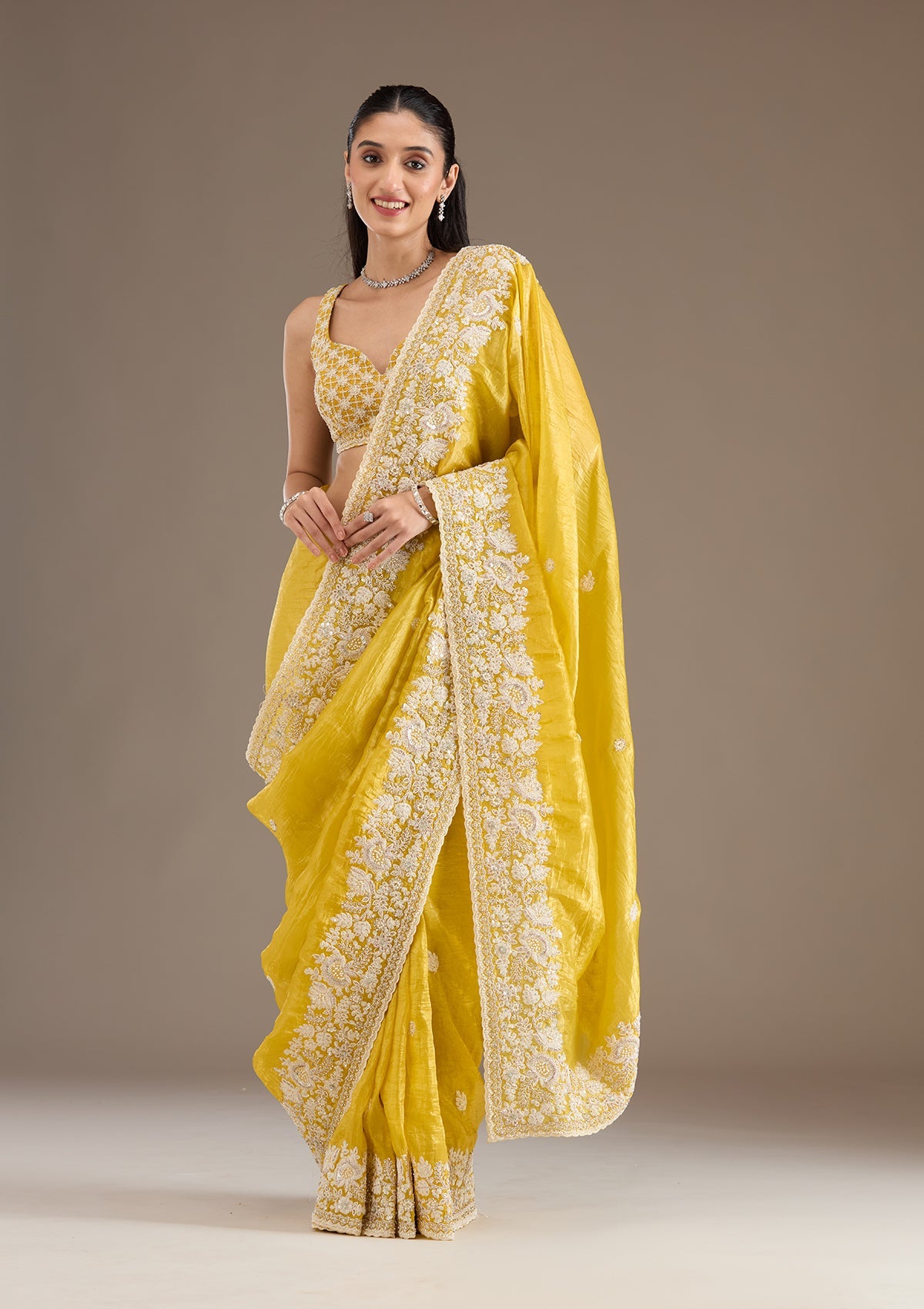 Yellow Sequins Tissue Saree-Koskii