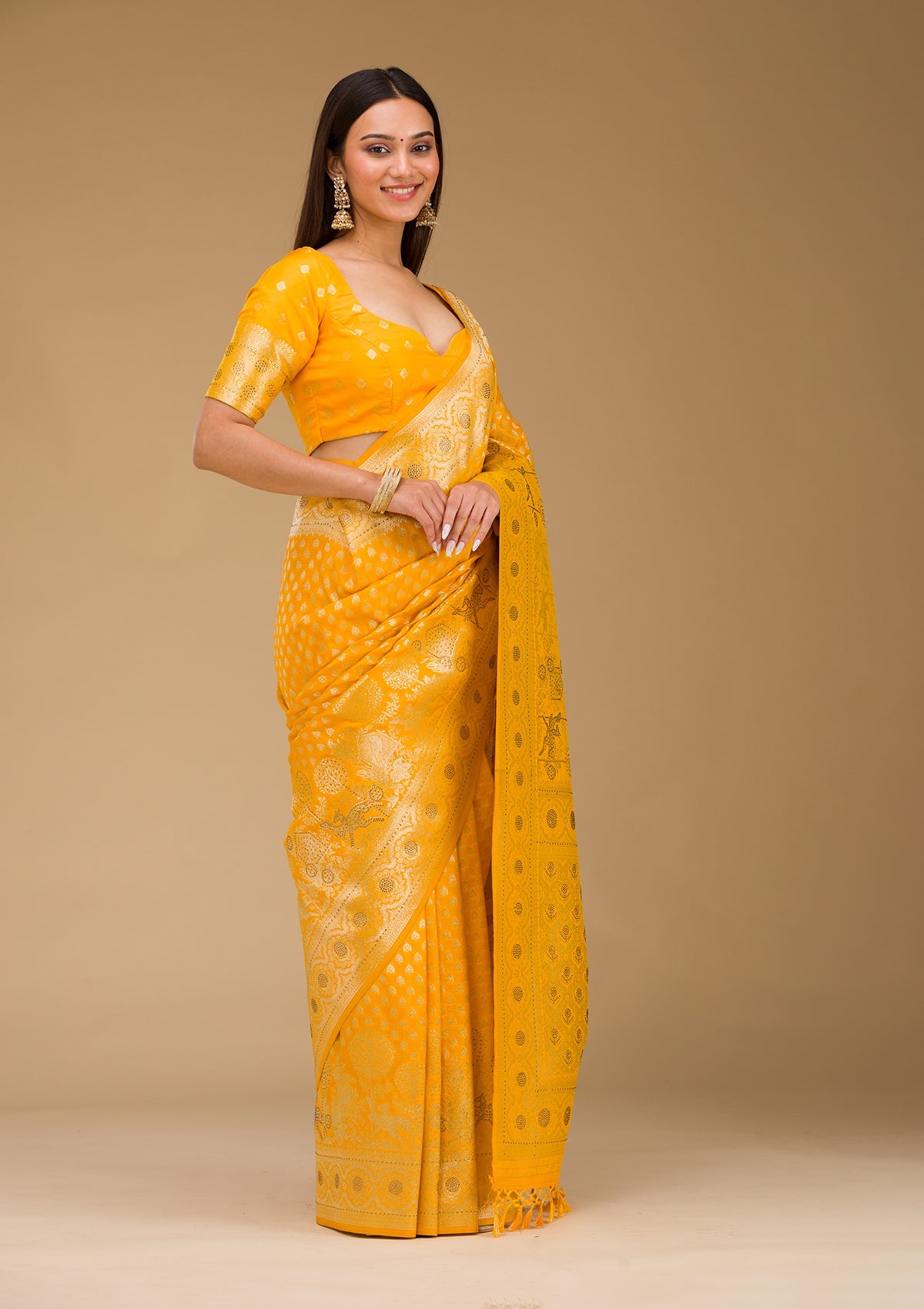 Yellow Stonework Art Silk Saree