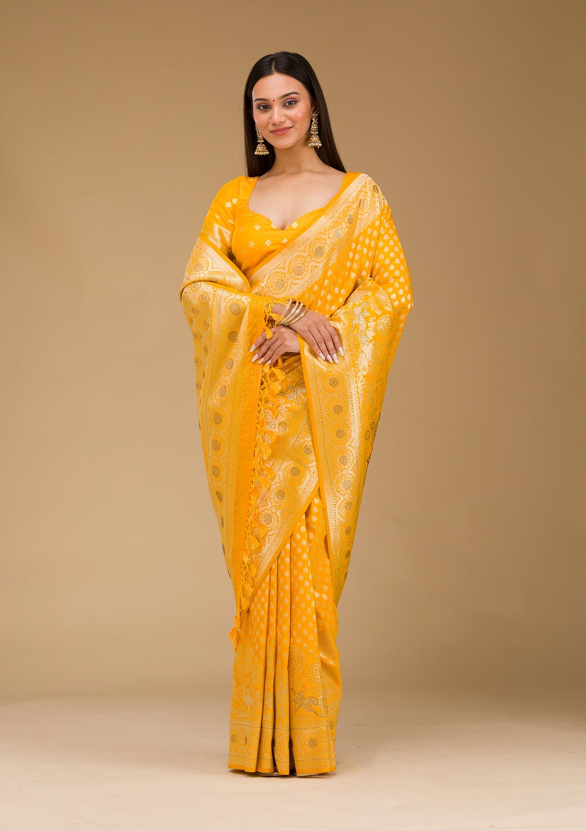 Yellow Stonework Art Silk Saree-Koskii