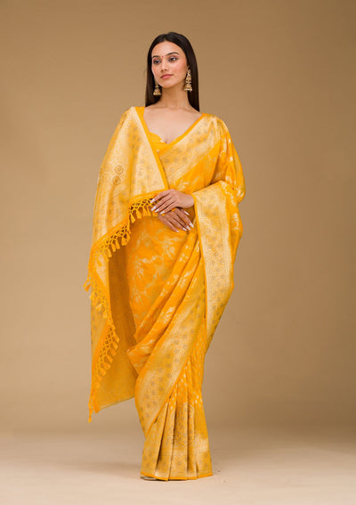 Yellow Stonework Art Silk Saree-Koskii