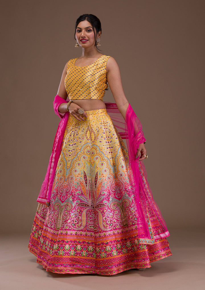 Yellow Stonework Banarasi Readymade Lehenga-Koskii