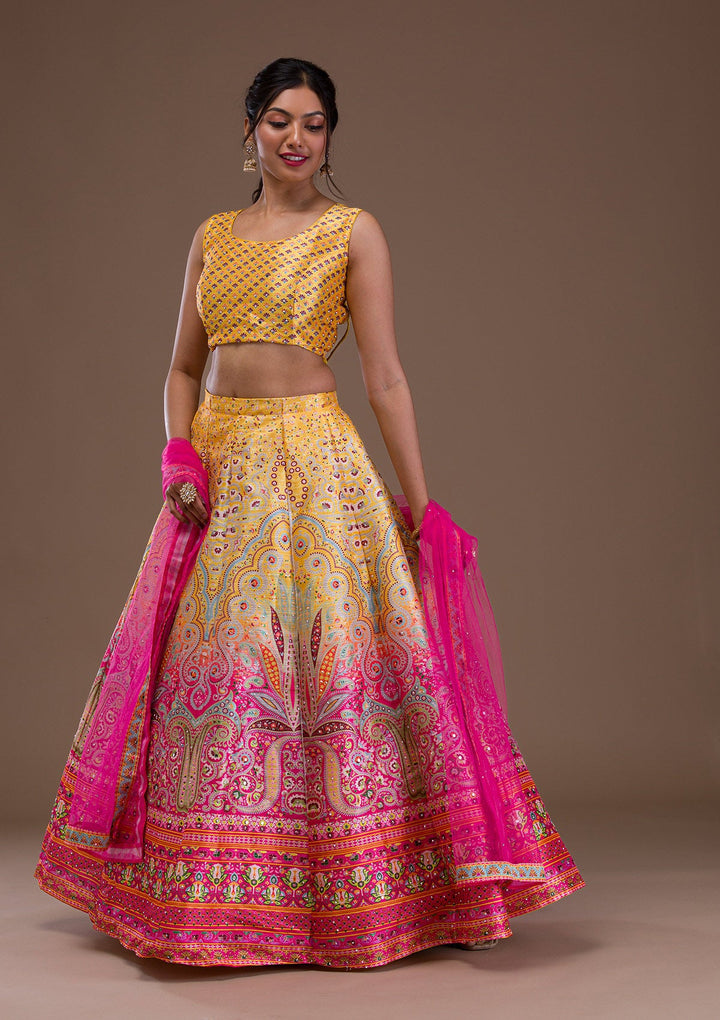 Yellow Stonework Banarasi Readymade Lehenga-Koskii