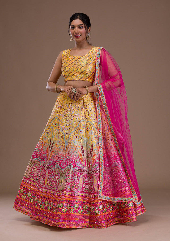 Yellow Stonework Banarasi Readymade Lehenga-Koskii