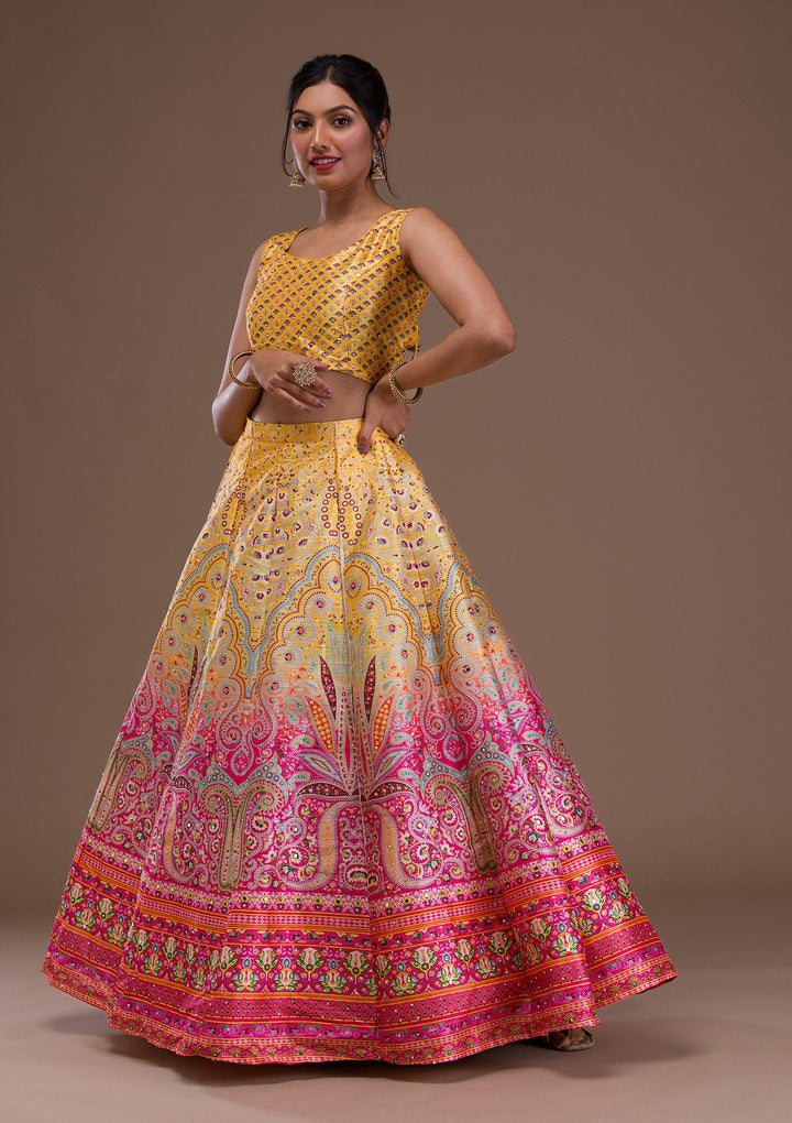Yellow Stonework Banarasi Readymade Lehenga-Koskii