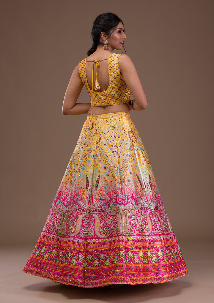 Yellow Stonework Banarasi Readymade Lehenga-Koskii