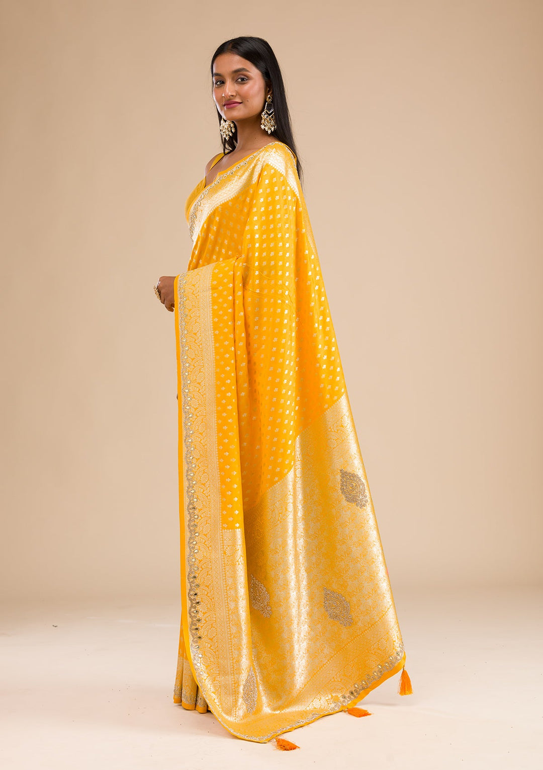 Yellow Stonework Banarasi Silk Saree-Koskii