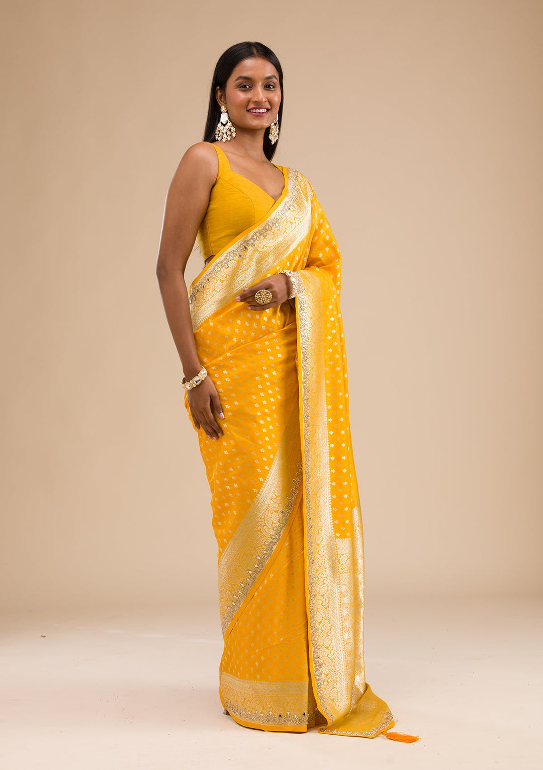 Yellow Stonework Banarasi Silk Saree-Koskii