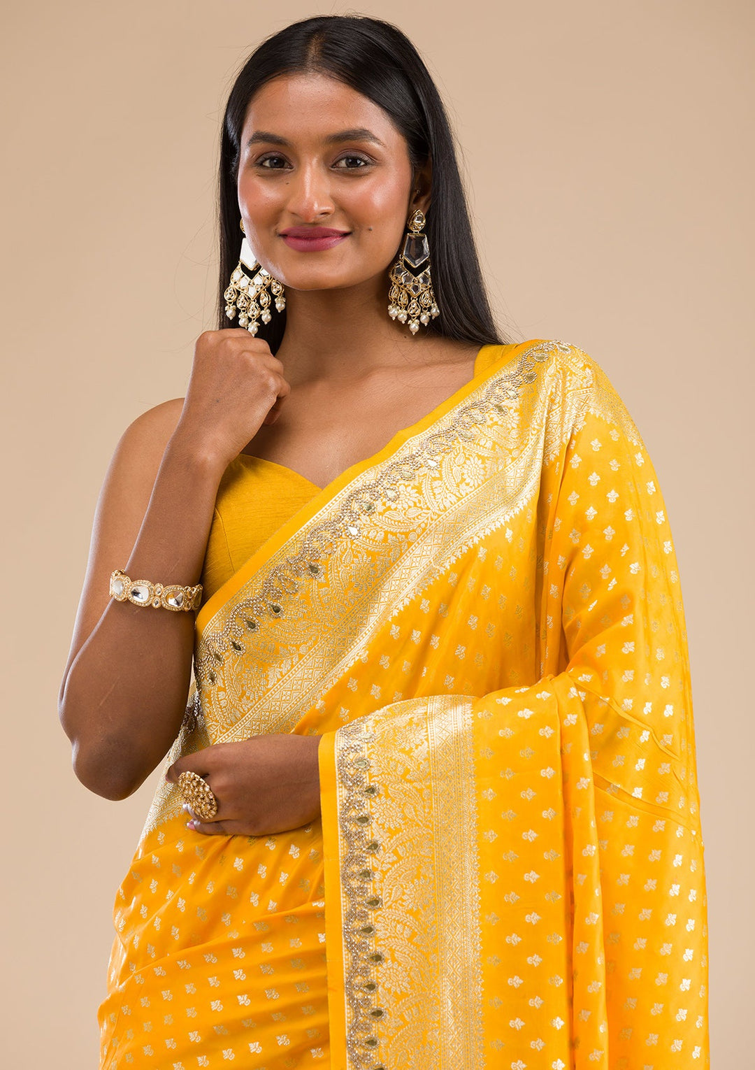 Yellow Stonework Banarasi Silk Saree-Koskii