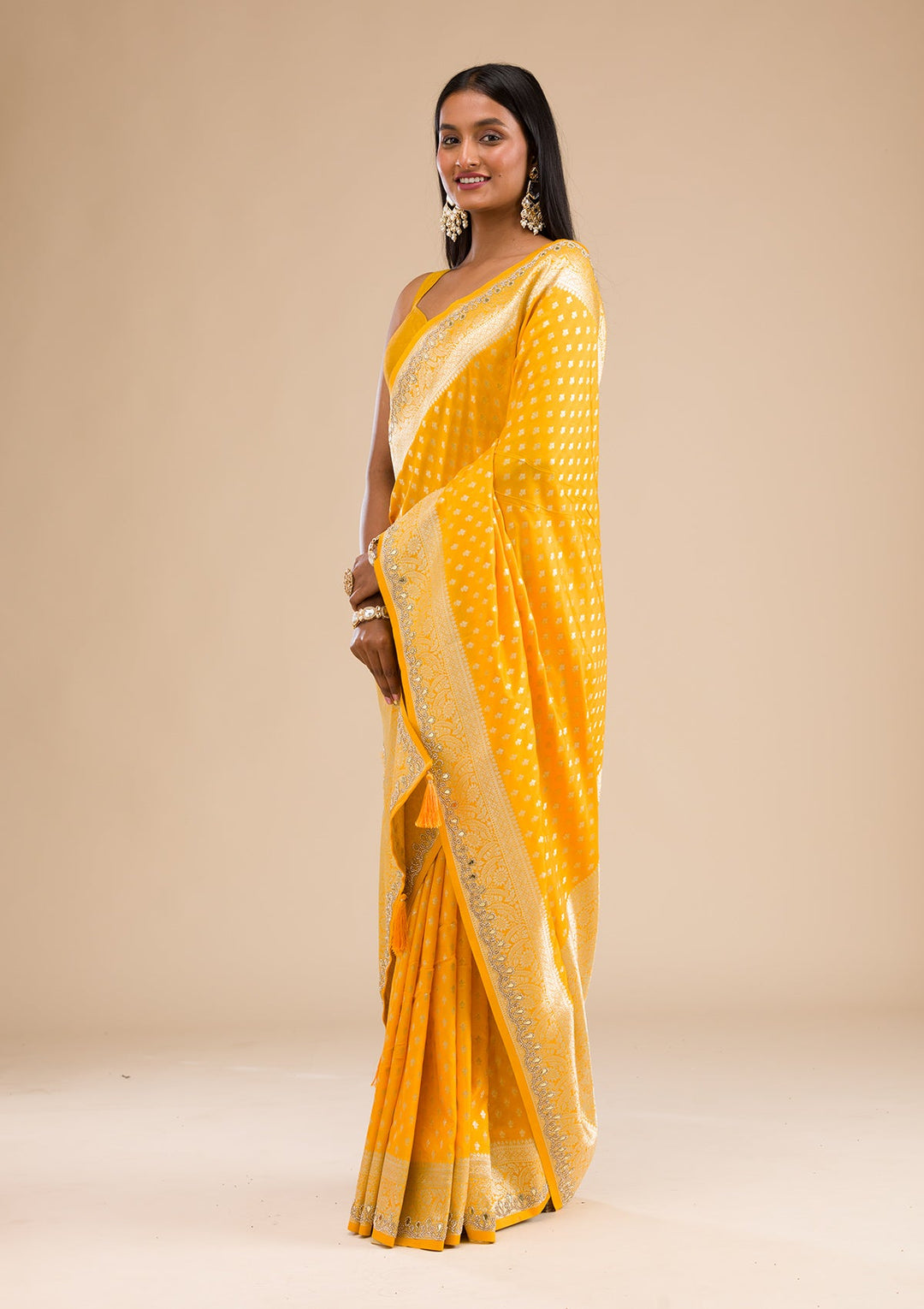 Yellow Stonework Banarasi Silk Saree-Koskii