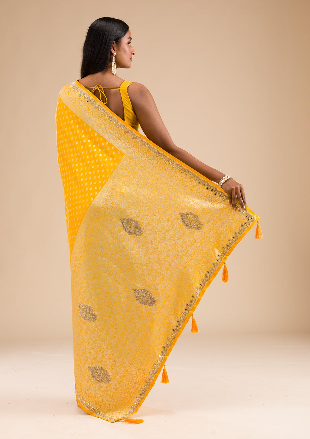 Yellow Stonework Banarasi Silk Saree-Koskii