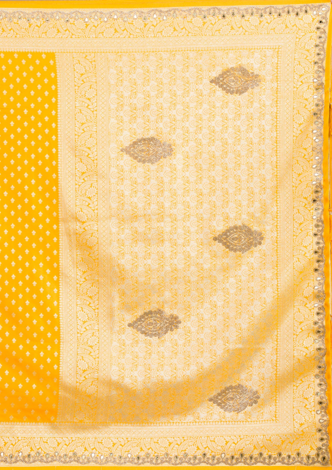 Yellow Stonework Banarasi Silk Saree-Koskii