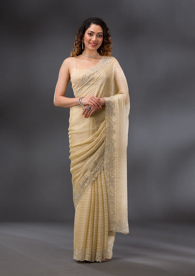 Yellow Stonework Chiffon Saree-Koskii