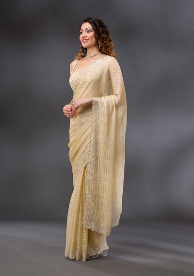 Yellow Stonework Chiffon Saree-Koskii