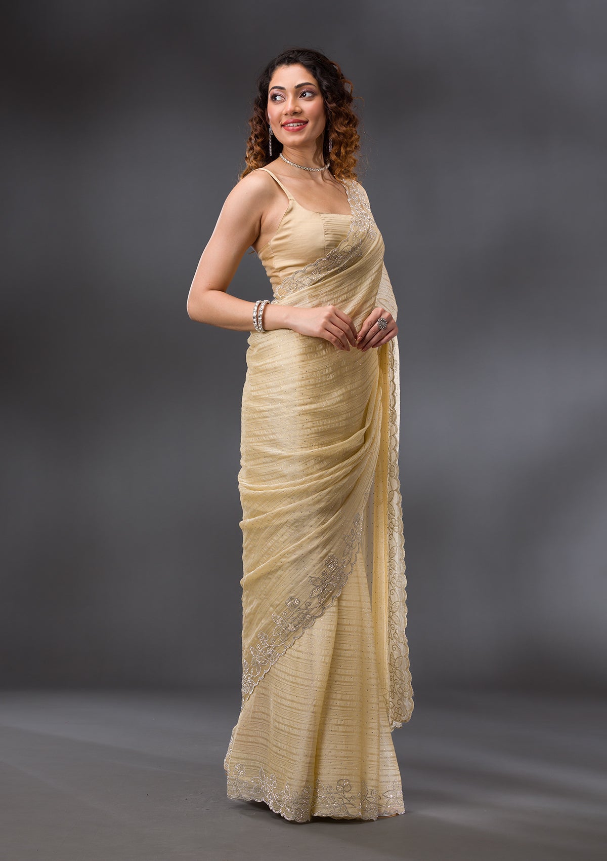 Yellow Stonework Chiffon Saree-Koskii