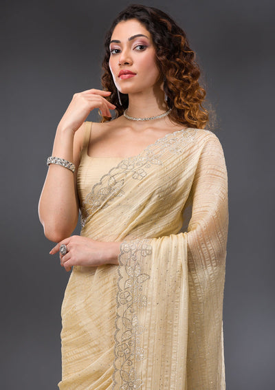 Yellow Stonework Chiffon Saree-Koskii