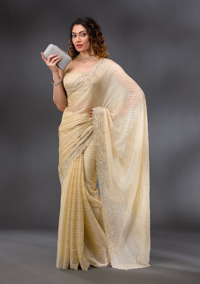 Yellow Stonework Chiffon Saree-Koskii