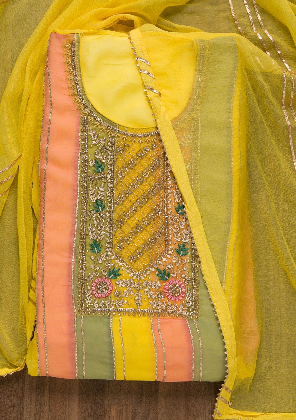 Yellow Stonework Georgette Unstitched Salwar Suit-Koskii