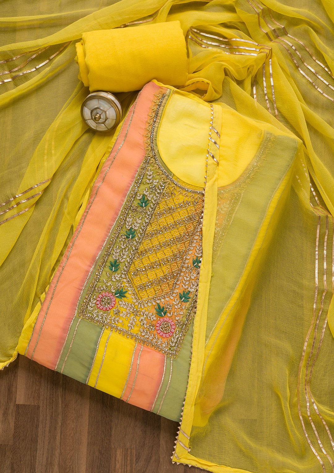 Yellow Stonework Georgette Unstitched Salwar Suit-Koskii