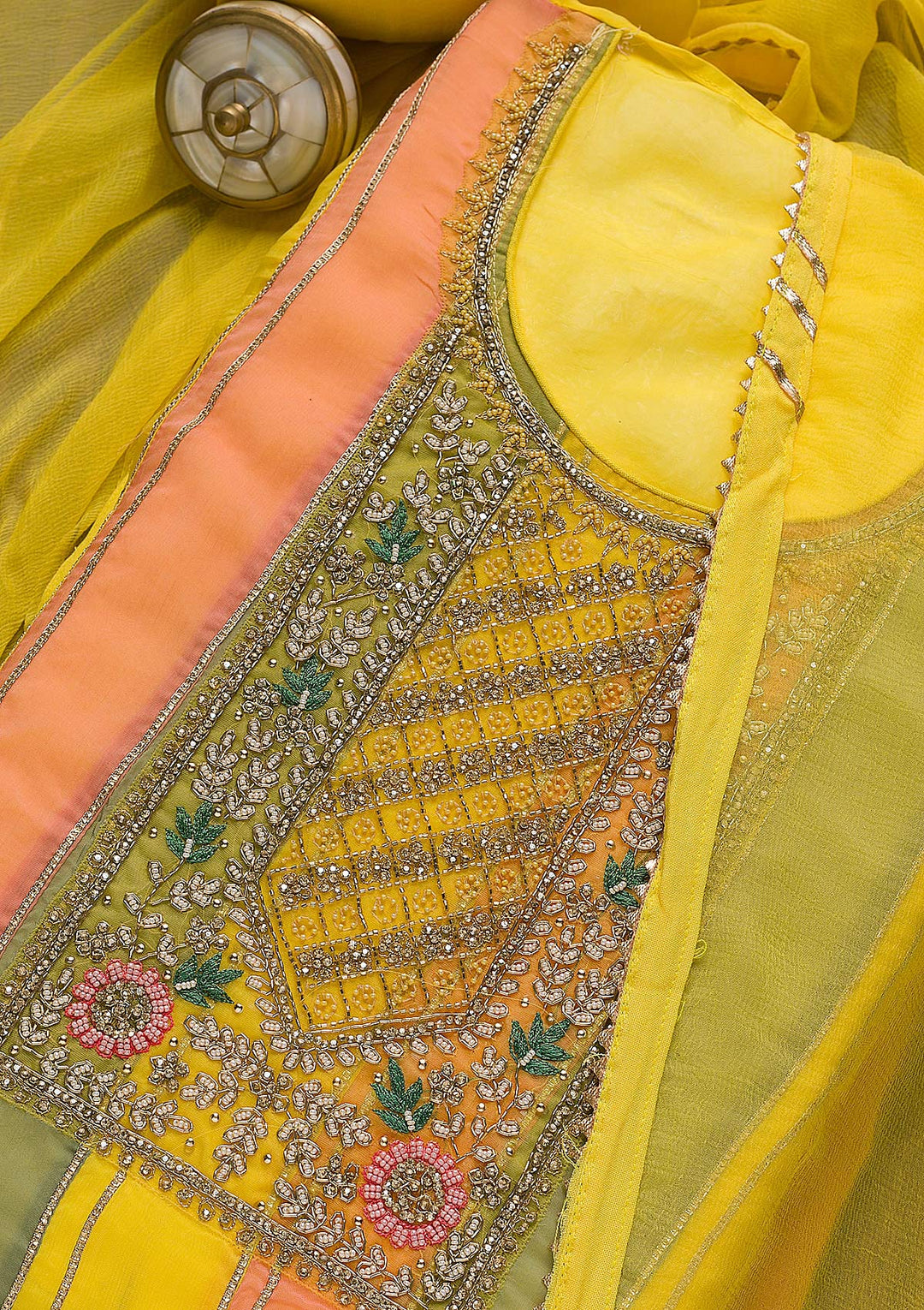 Yellow Stonework Georgette Unstitched Salwar Suit-Koskii