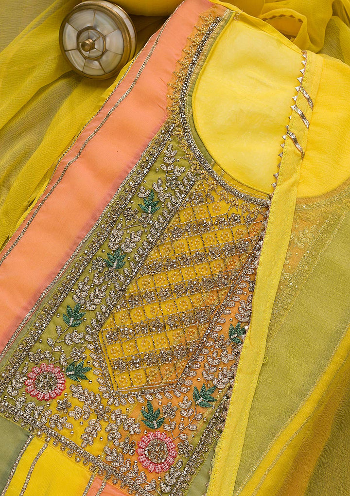 Yellow Stonework Georgette Unstitched Salwar Suit-Koskii